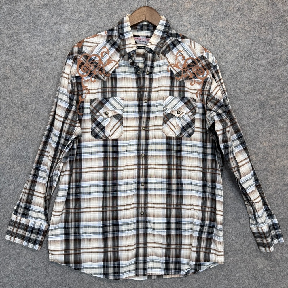 Brooks & Dunn Panhandle Slim Western Pearl Snap Shirt Mens Large Plaid Embroider